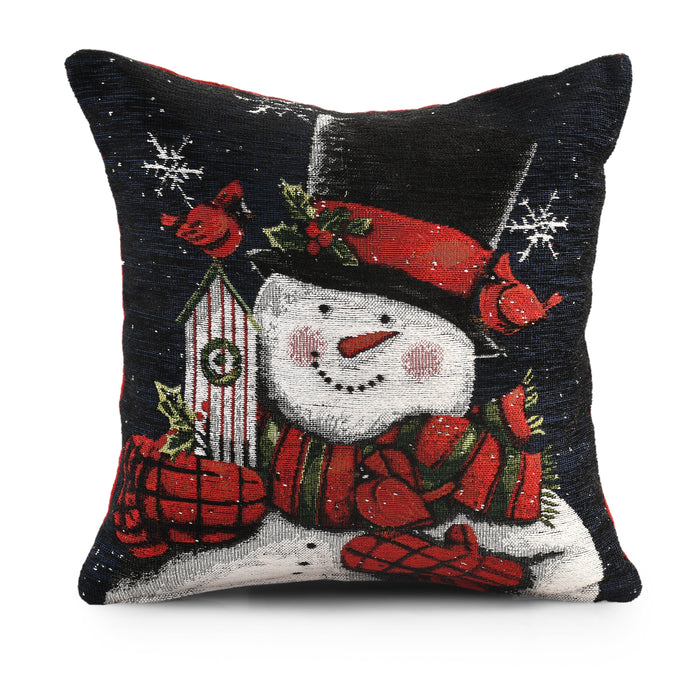 Snowman & Robin Christmas Festive Chenille Cushion Cover 43cm x 43cm