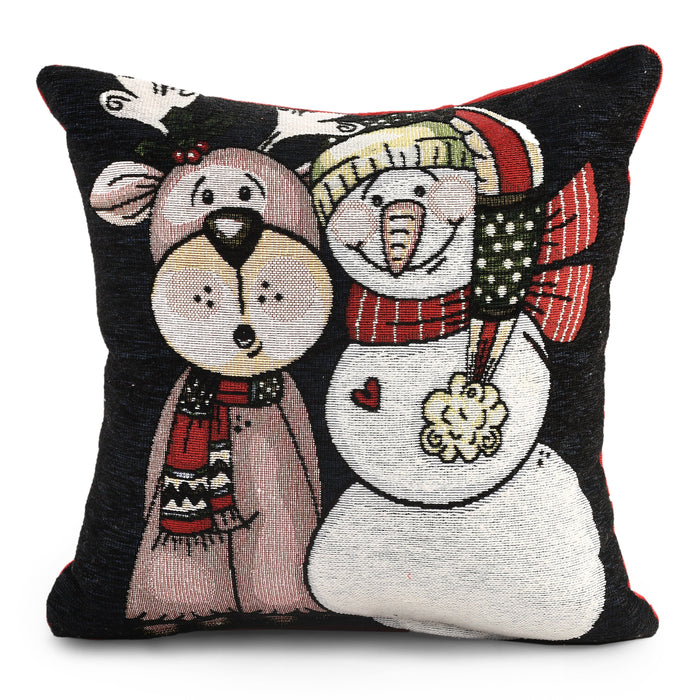 Snowman & Reindeer Christmas Festive Chenille Cushion Cover