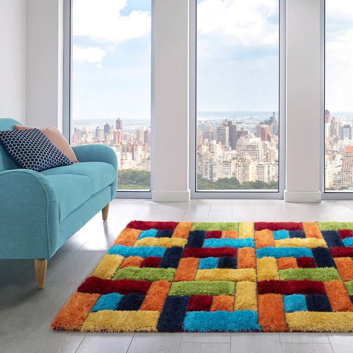 Multi Blocks Shaggy Geometric Blocks Multi Coloured Floor Rug