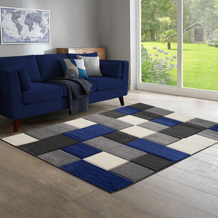 Dexter Carved Navy Blue Geometric Blocks Floor Rug