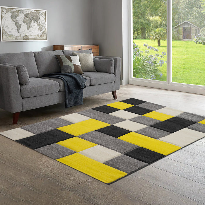 Dexter Carved Ochre Yellow Geometric Blocks Floor Rug