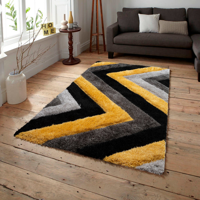 3D Carved Chevron Grey & Yellow Shaggy Geometric Floor Rug